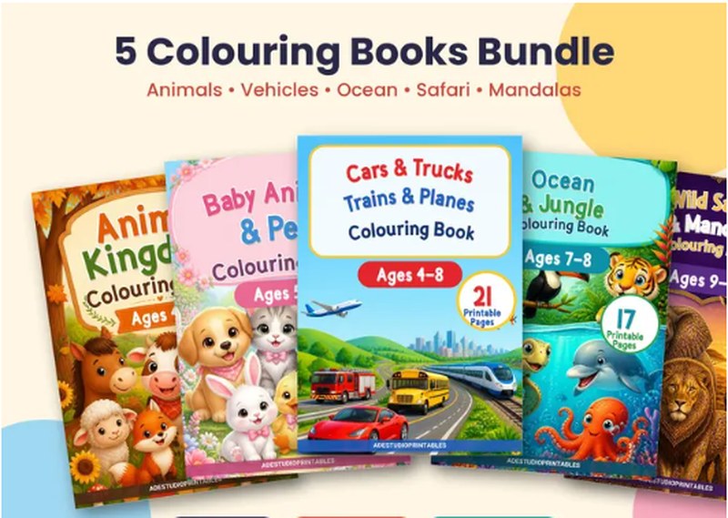 Kids colouring book bundle: animals, vehicles, ocean, safari and mandalas