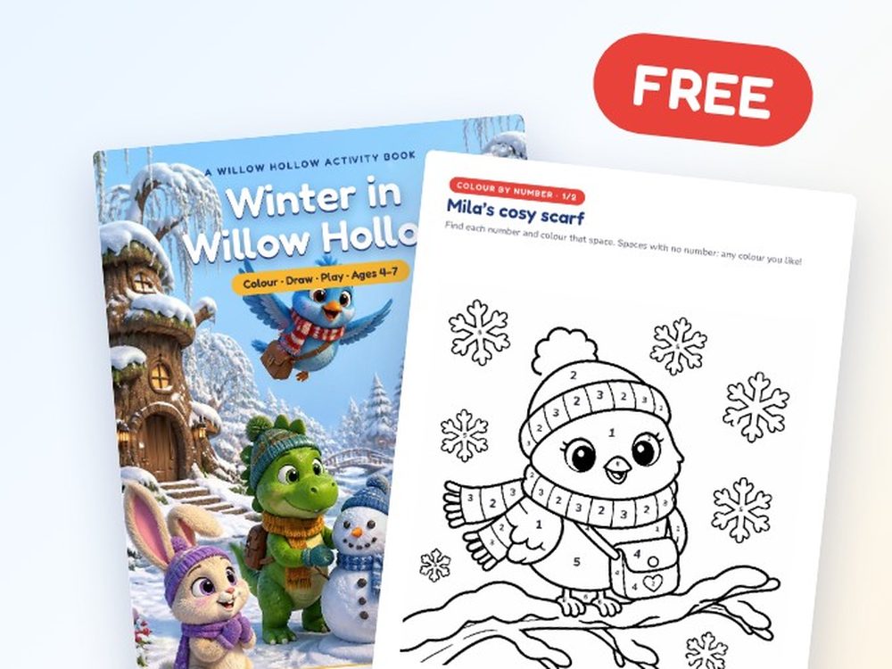 Four free winter activity pages with Mila the bird