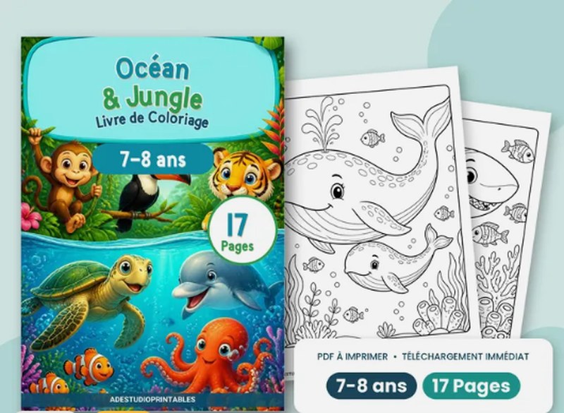 Océan et jungle, livre de coloriage 7 à 8 ans