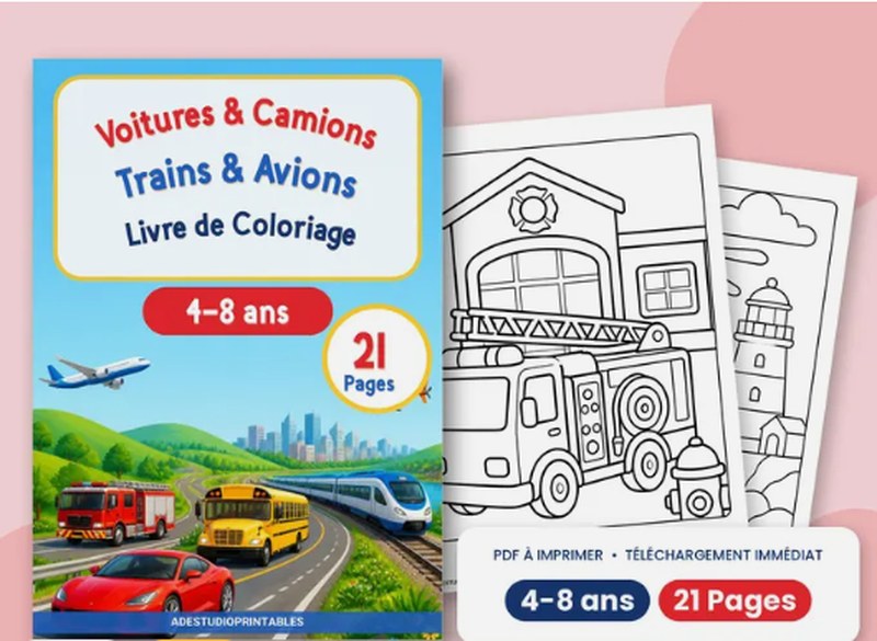 Voitures et camions, trains et avions, livre de coloriage 4 à 8 ans