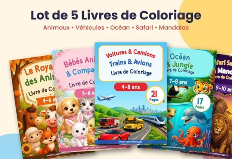 Lot de 5 livres de coloriage: animaux, véhicules, océan, safari et mandalas