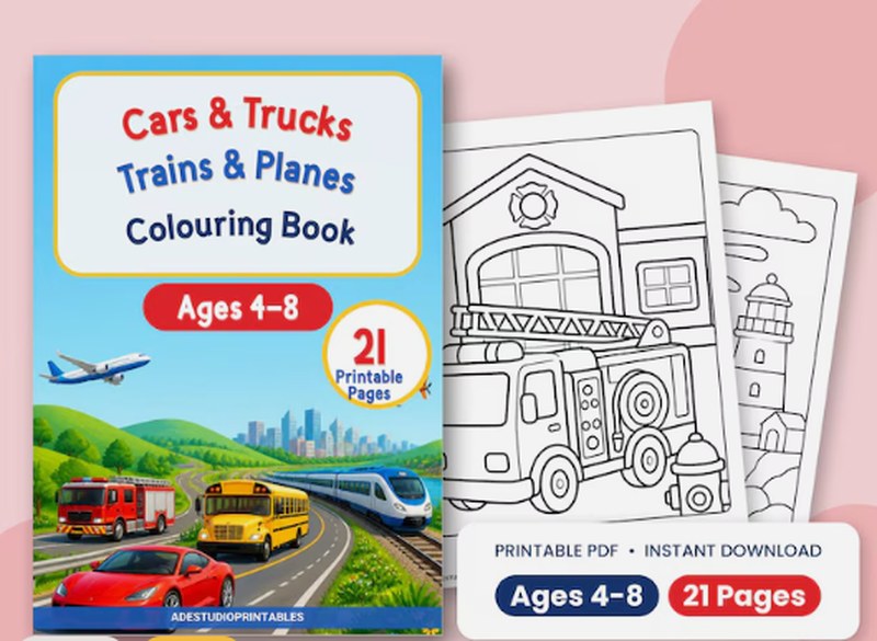 Cars, trucks, trains and planes colouring book, ages 4 to 8